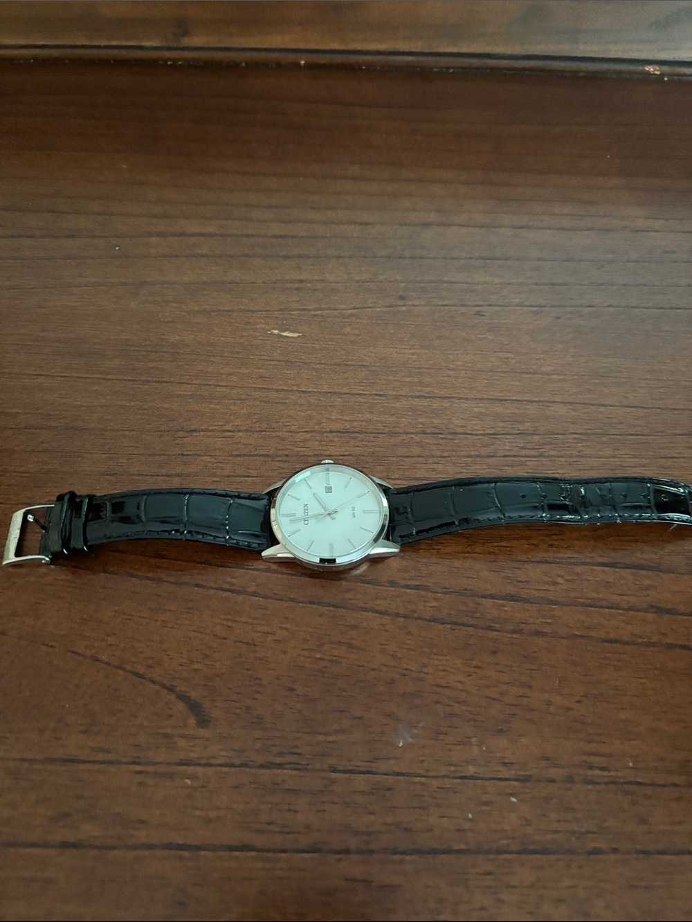 Citizen Silver Dial Watch with Black Croc-Pattern Strap